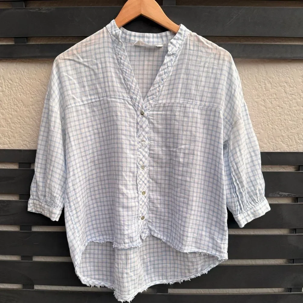 Zara Basic Lightweight Gingham Check Button Front Blouse in Light Blue/White |XS